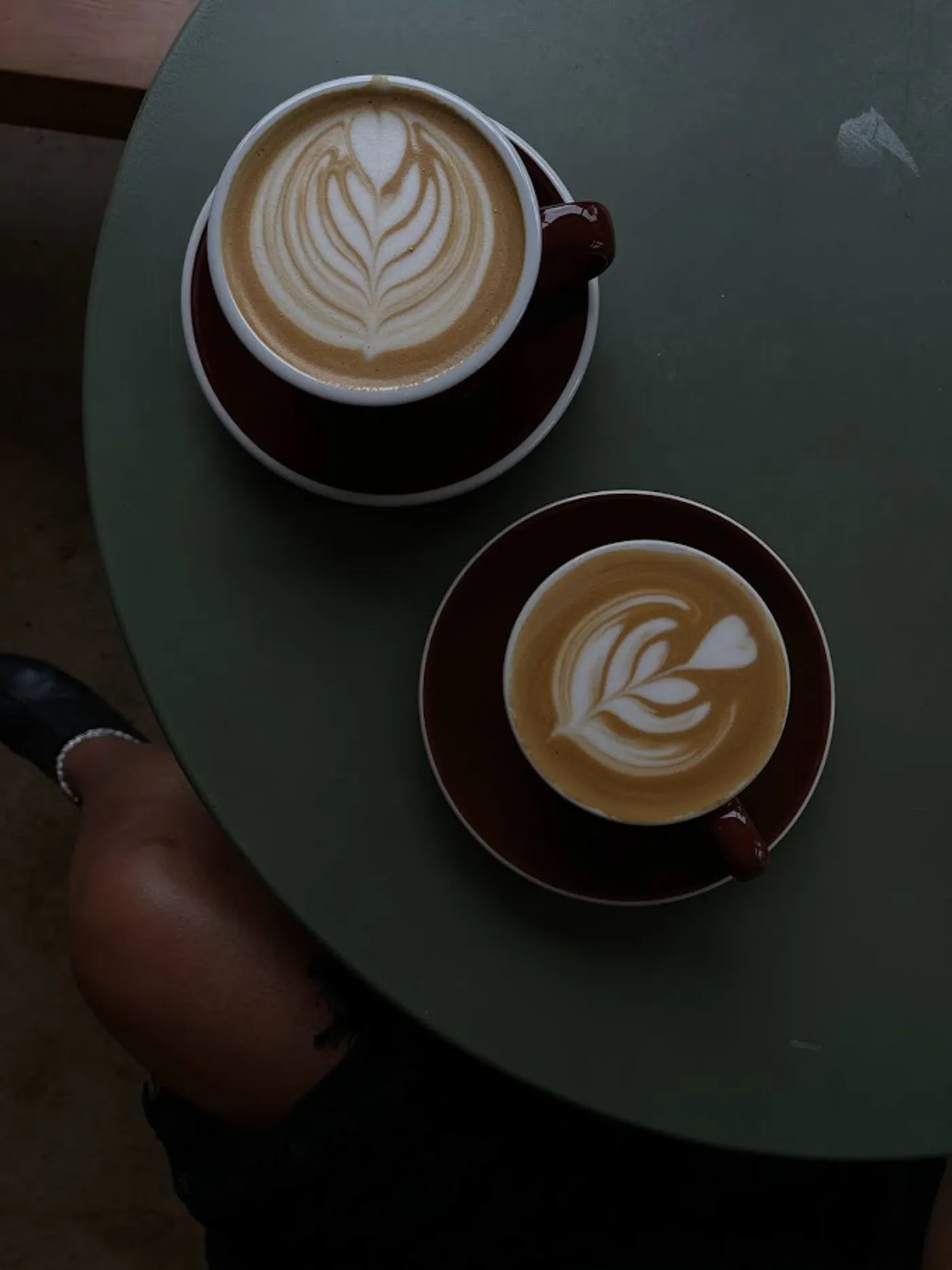 Two lattes on a green café table